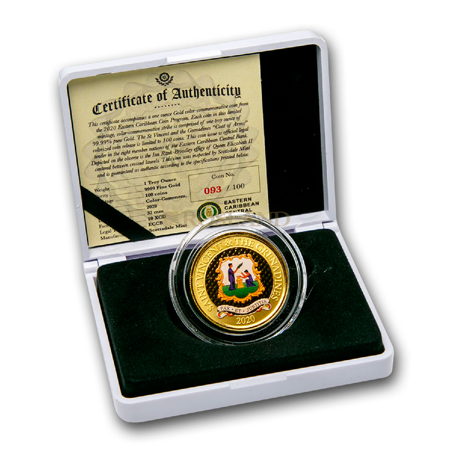 1 Unze Goldmünze EC8 St. Vicent & the Grenadines Pax Et Justitia 2020 PP (Koloriert, Box, Zertifikat) 
