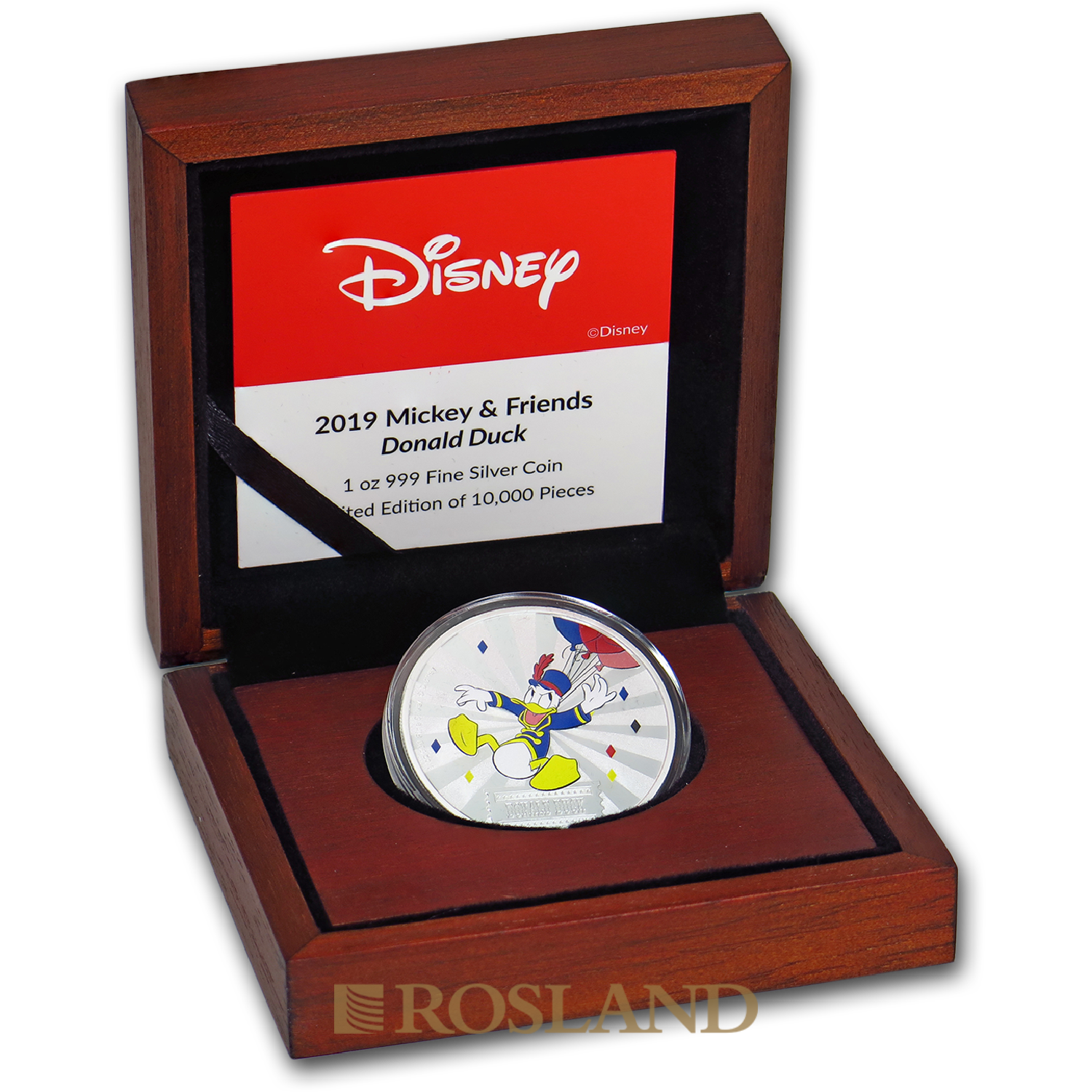 1 Unze Silbermünze Disney® Donald Duck 2019 PP (Koloriert, Box, Zertifikat)