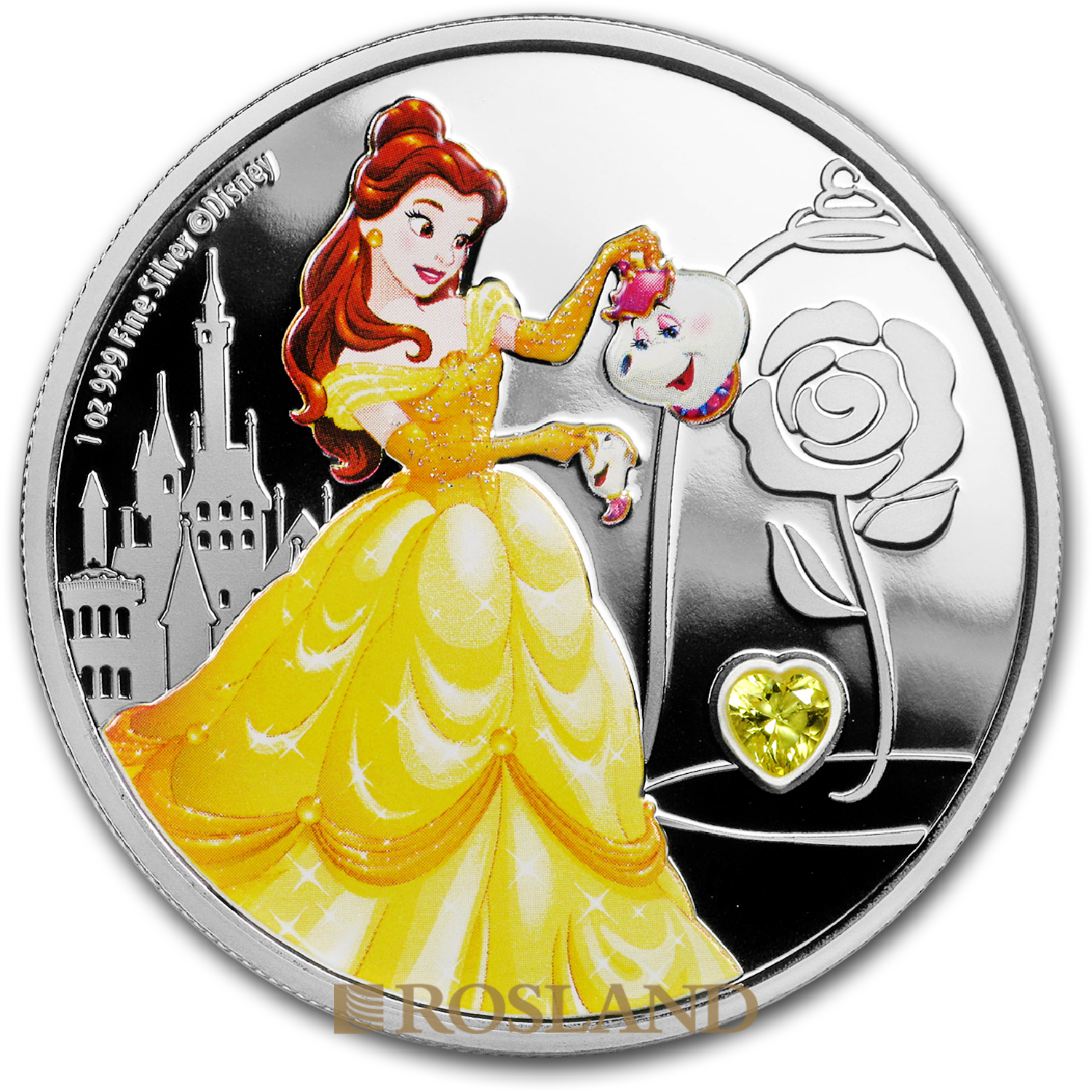1 Unze Silbermünze Disney© Prinzessin Belle 2018 PP (Edelstein, Koloriert, Box, Zertifikat)