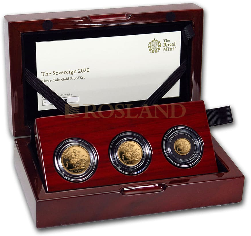 0,41 Unzen - 3 Goldmünzen Set Großbritannien Sovereign 2020 PP (Box, Zertifikat)