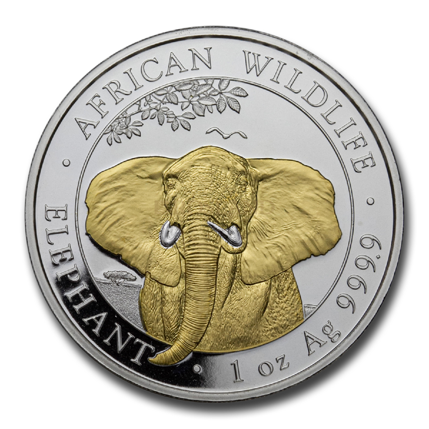 1 Unze Silbermünze Somalia Elefant 2021 Vergoldet