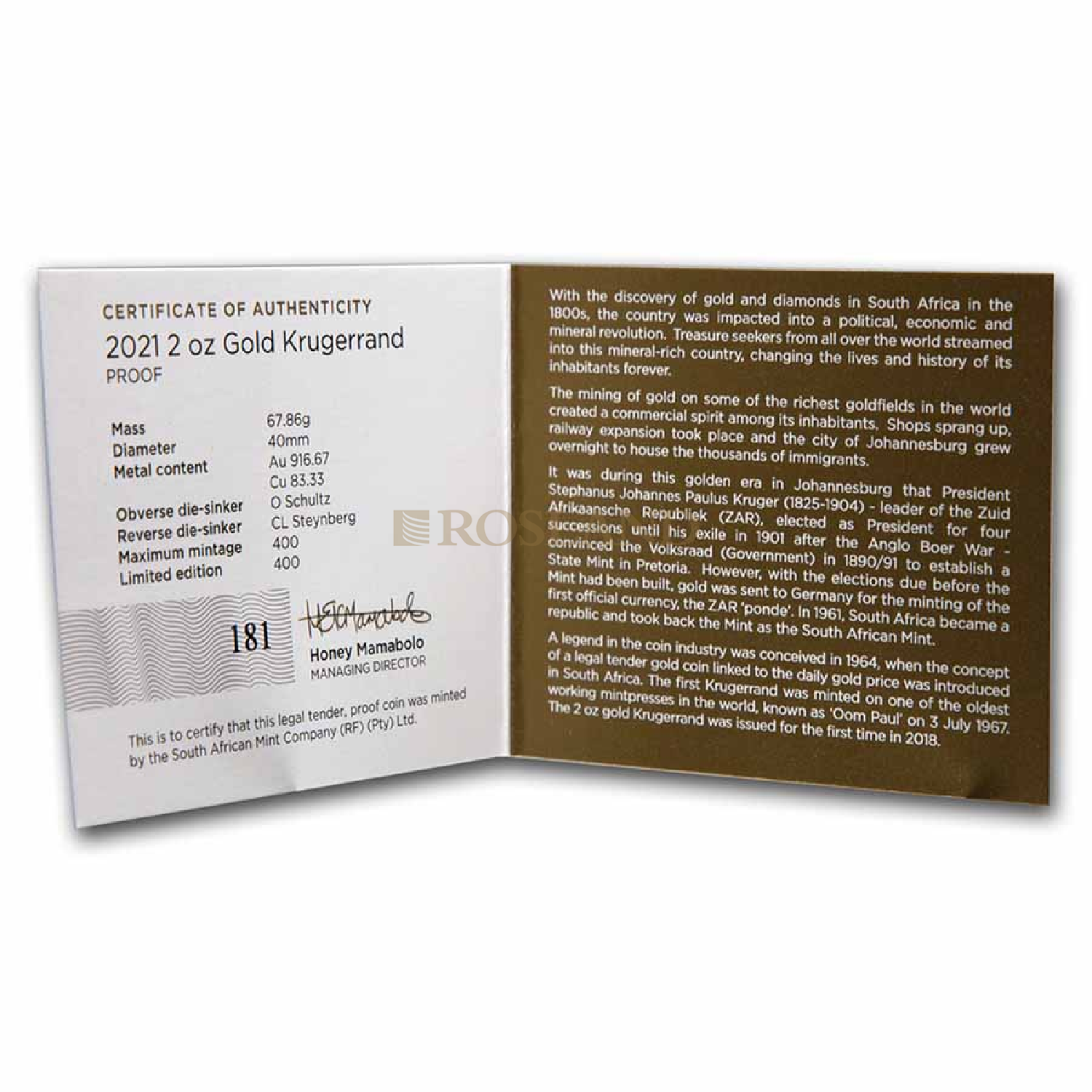 2 Unzen Goldmünze Krügerrand 2021 PP (Box, Zertifikat)